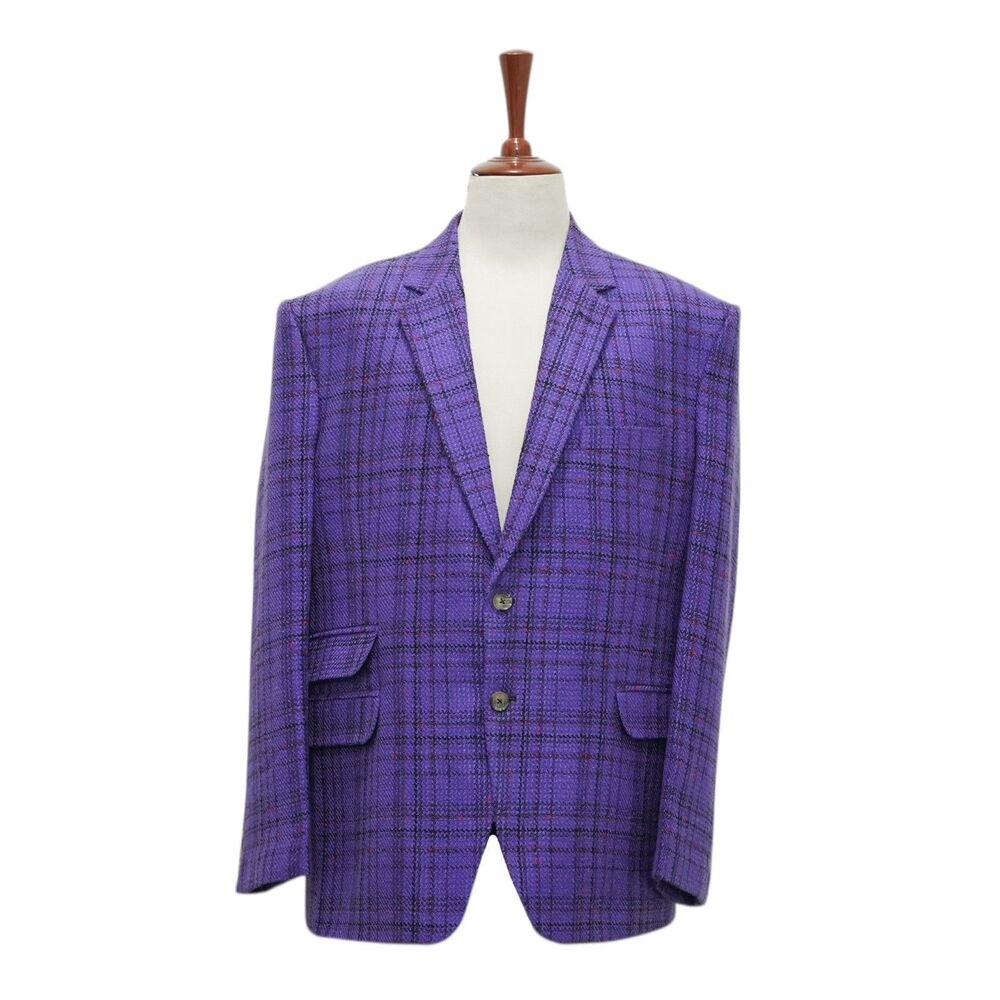 Mens 48R Plaid Wool Blazer Sport Coat Purple Pink Preppy Statement Formal